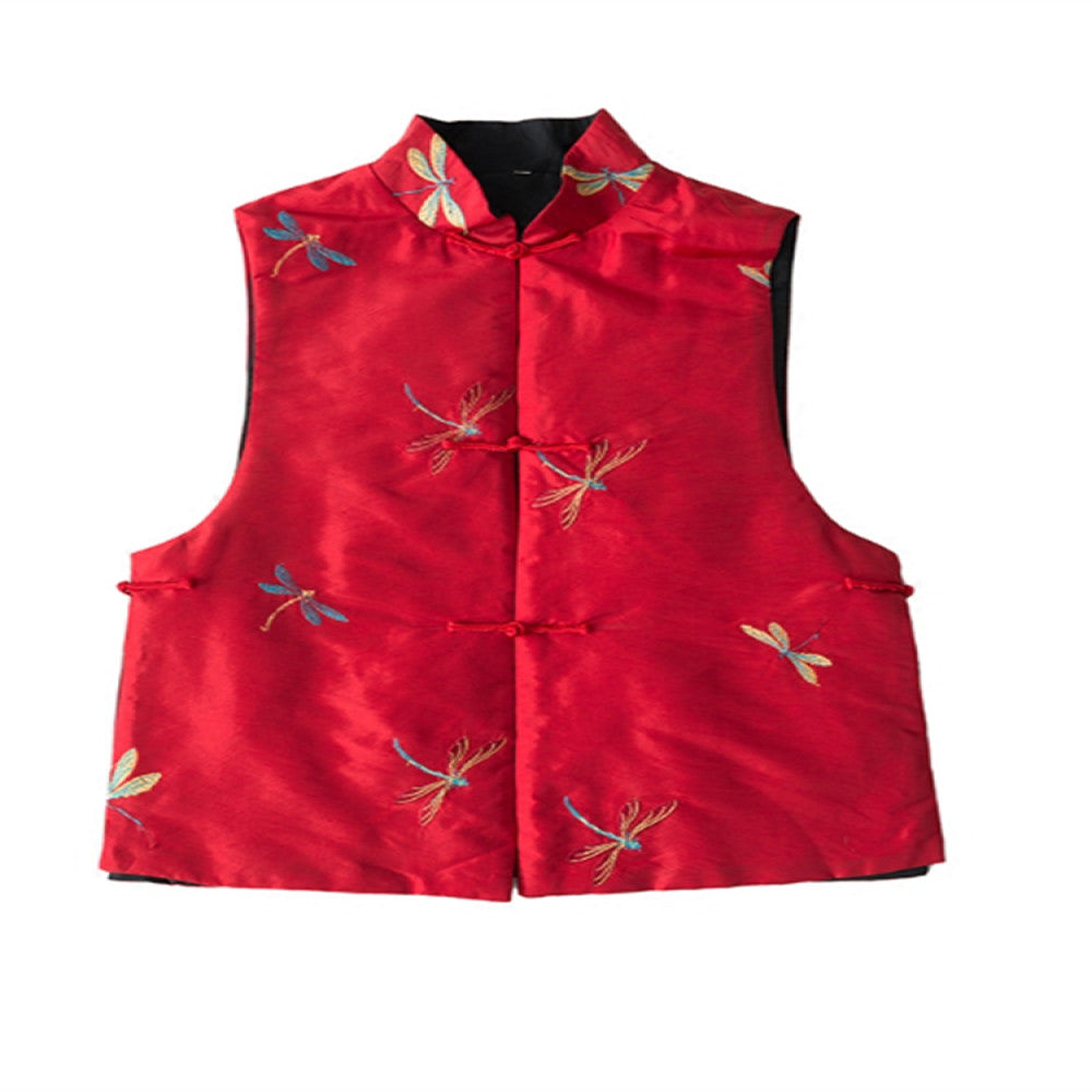 Zhendian Baby TL017 Double sided Wearing Spring and Autumn New Chinese Style Imitation Taisi Dragonfly Embroidery Standing Collar Cotton Temperament Vest Girl image 9