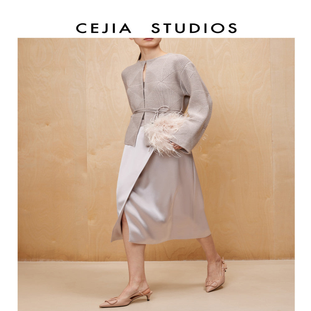 CEJIA Tin Ash Heavy Weight Coarse Needle Waist Strap Wool Knitted Cardigan Women s Sweater Jacket 2025 Autumn New Collection image 0