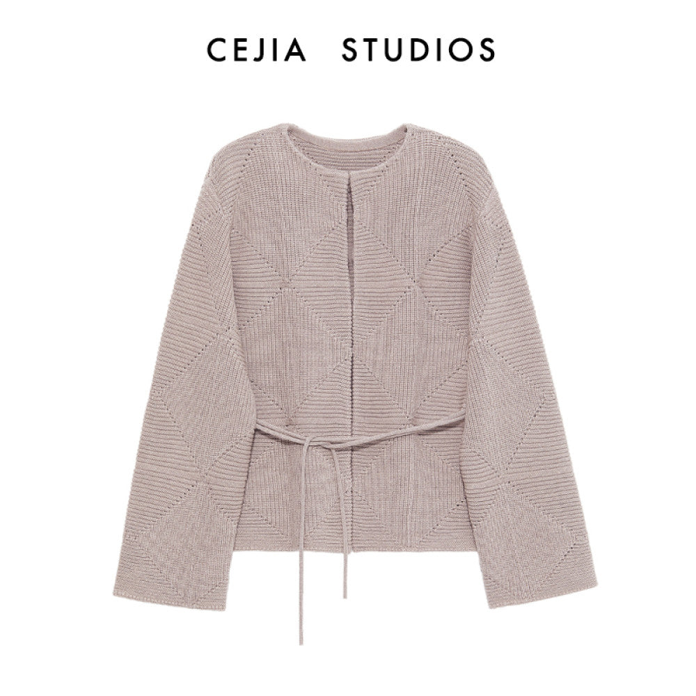 CEJIA Tin Ash Heavy Weight Coarse Needle Waist Strap Wool Knitted Cardigan Women s Sweater Jacket 2025 Autumn New Collection image 8
