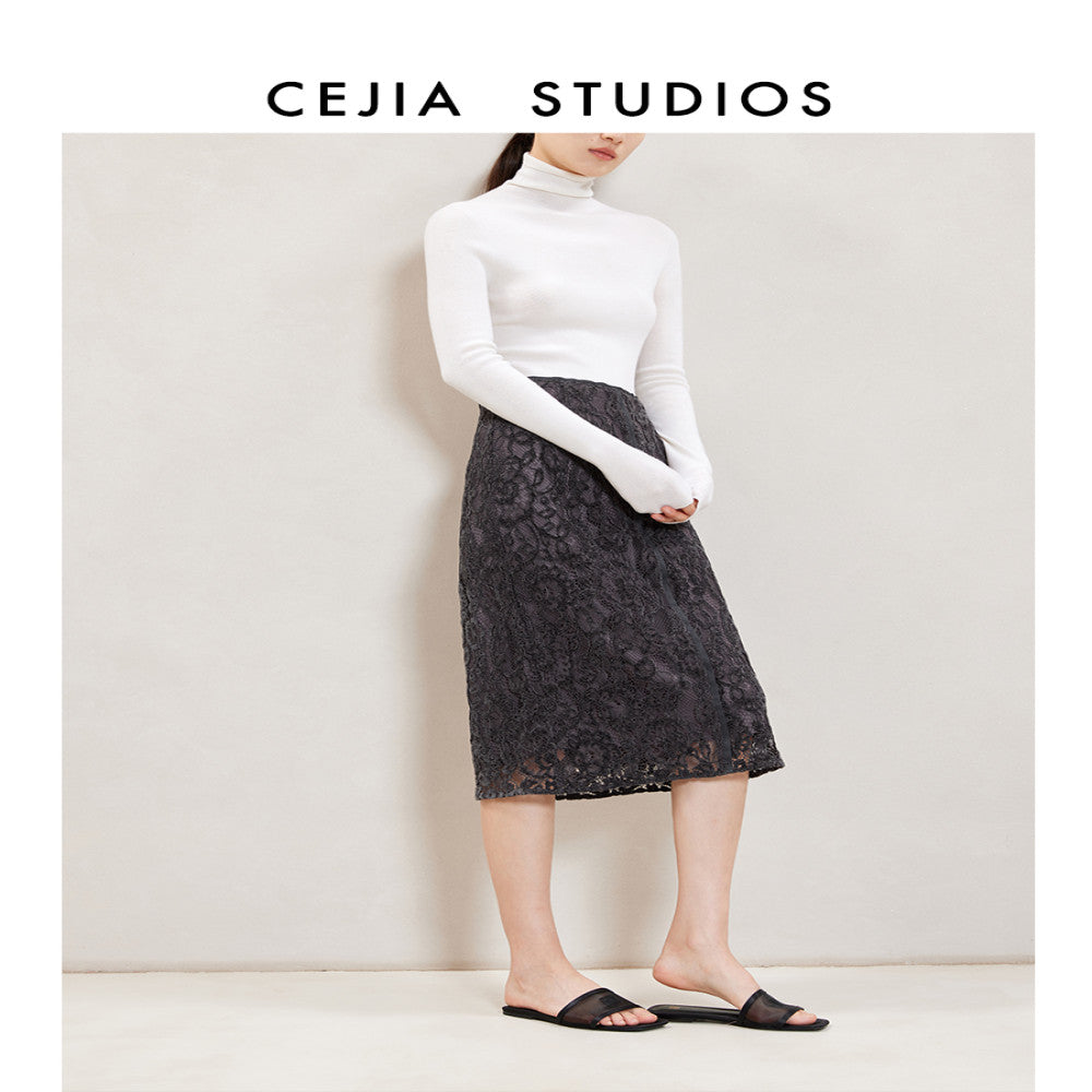 CEJIA imported lace midi skirt high waist over knee deep gray commuting straight tube one step skirt 2025 autumn new style image 0