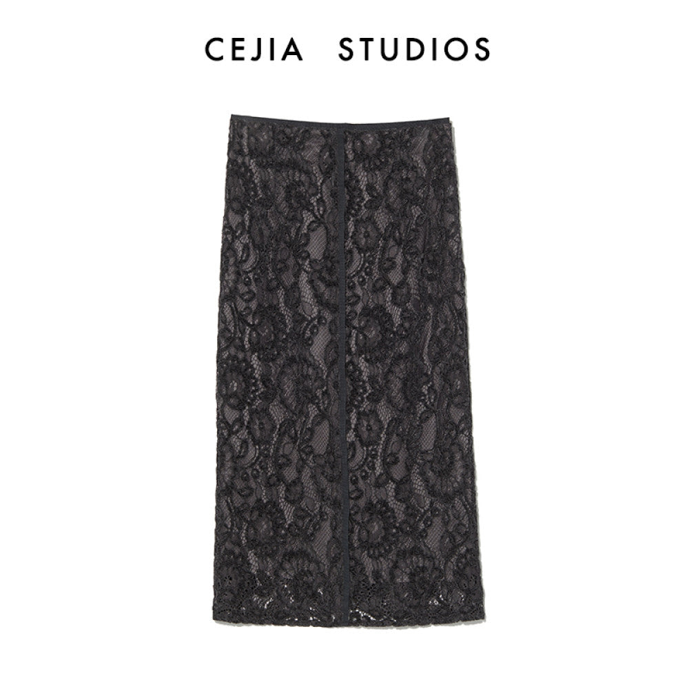 CEJIA imported lace midi skirt high waist over knee deep gray commuting straight tube one step skirt 2025 autumn new style image 13