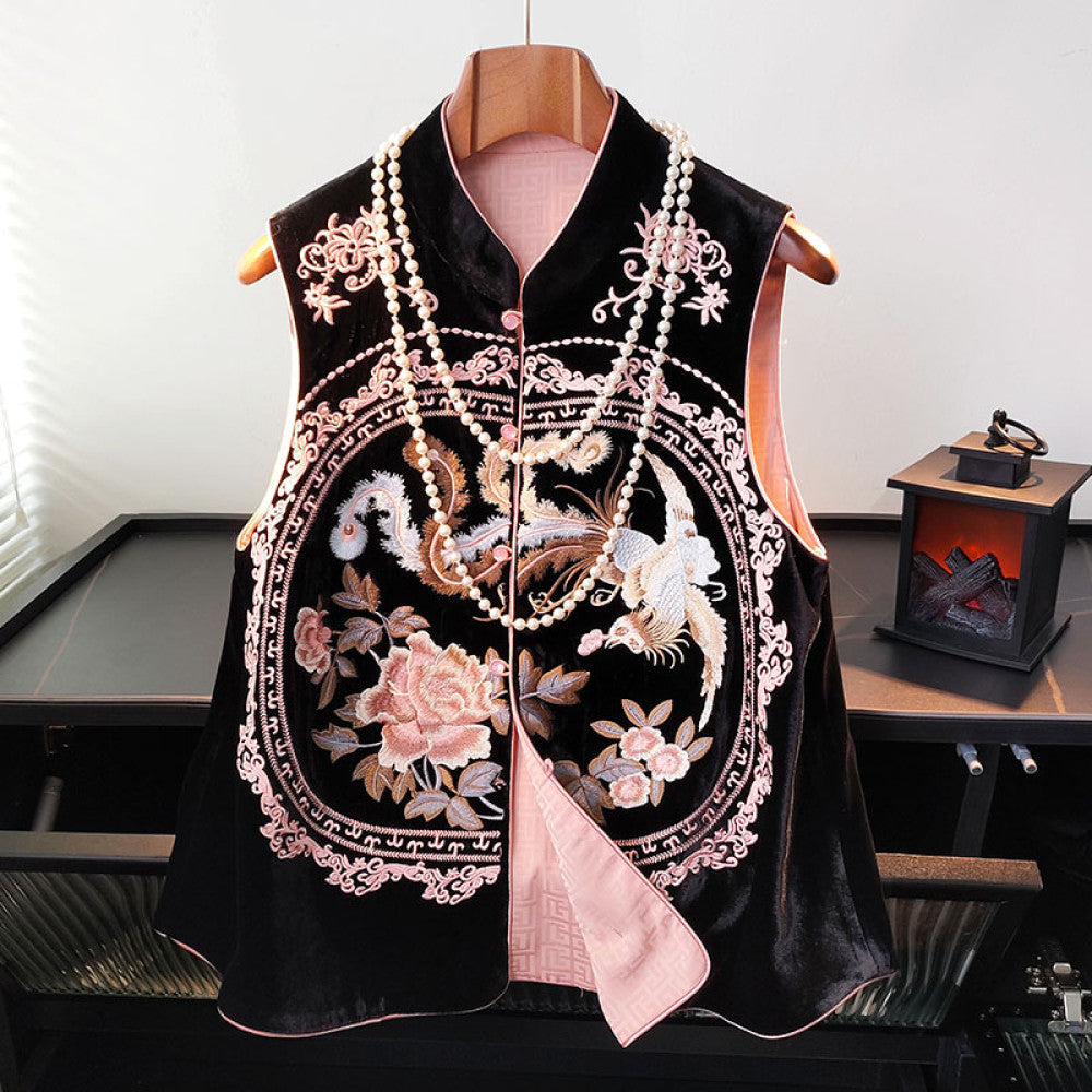 Silk velvet vest women s design sense pink age reducing casual versatile heavy embroidery vest Tang style top image 18