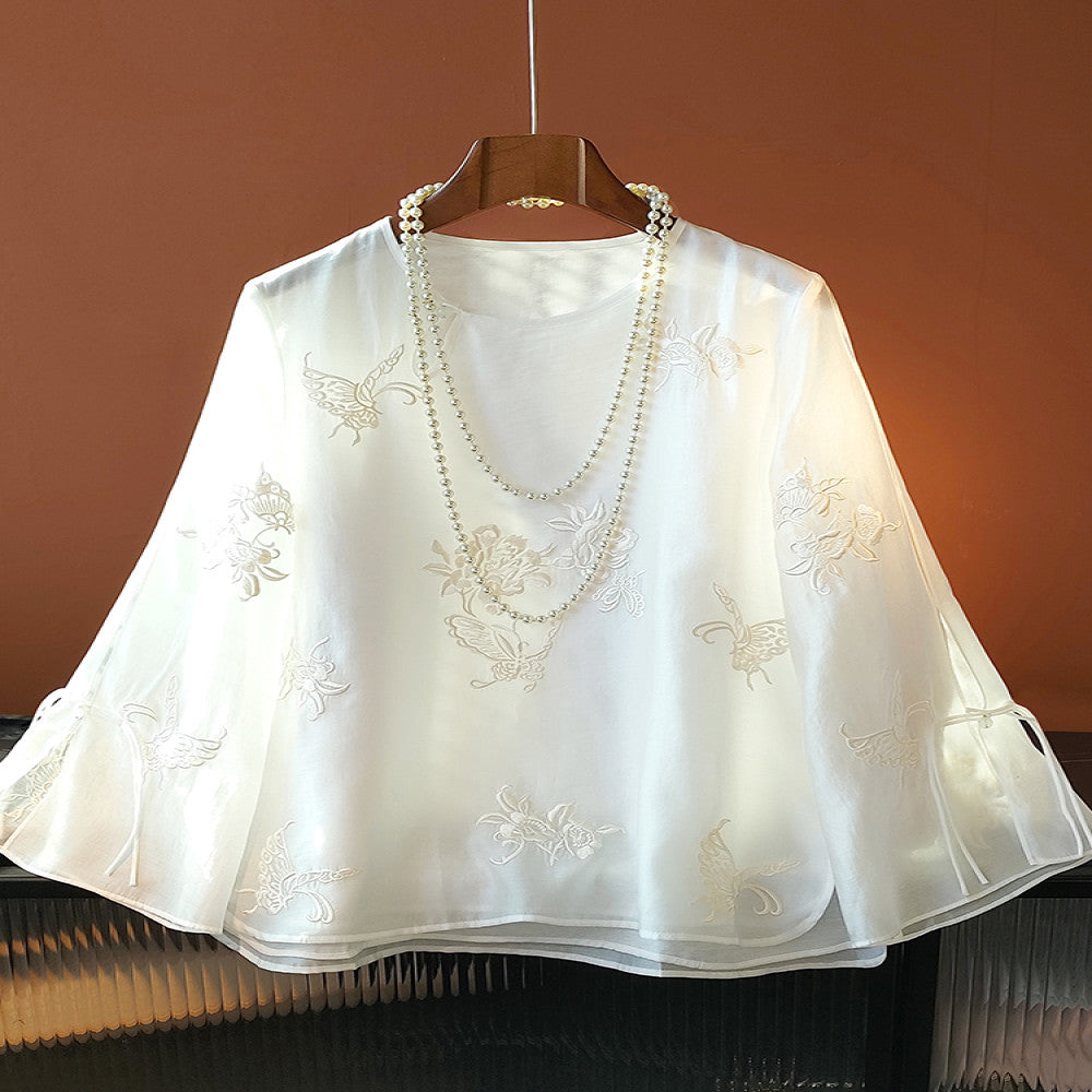 White improved new Chinese style round neck shirt with a female design sense niche retro button embroidery Chinese style casual shirt trend image 1
