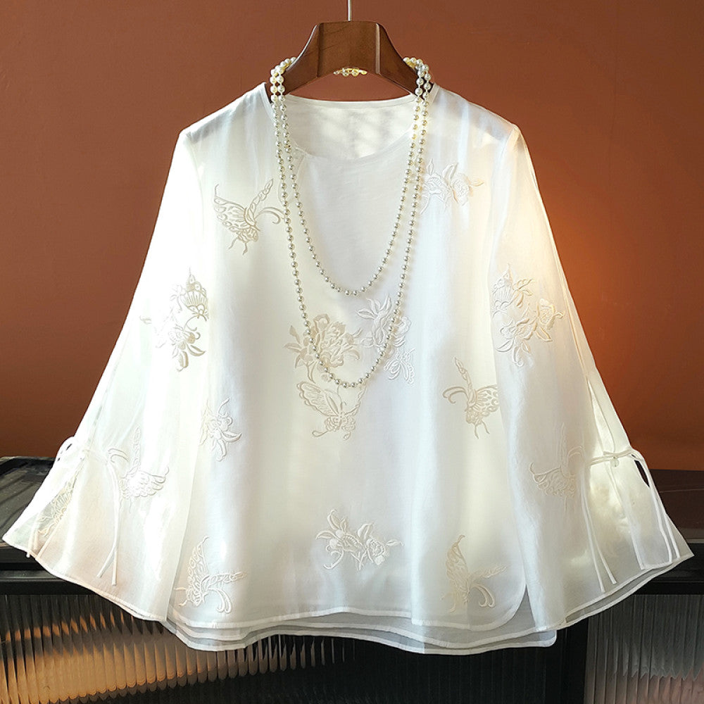 White improved new Chinese style round neck shirt with a female design sense niche retro button embroidery Chinese style casual shirt trend image 20