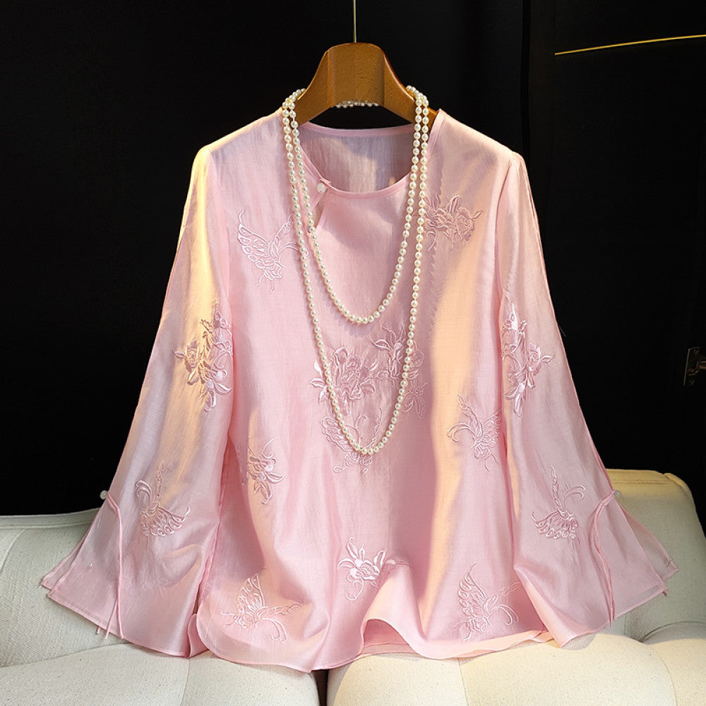 White improved new Chinese style round neck shirt with a female design sense niche retro button embroidery Chinese style casual shirt trend image 33