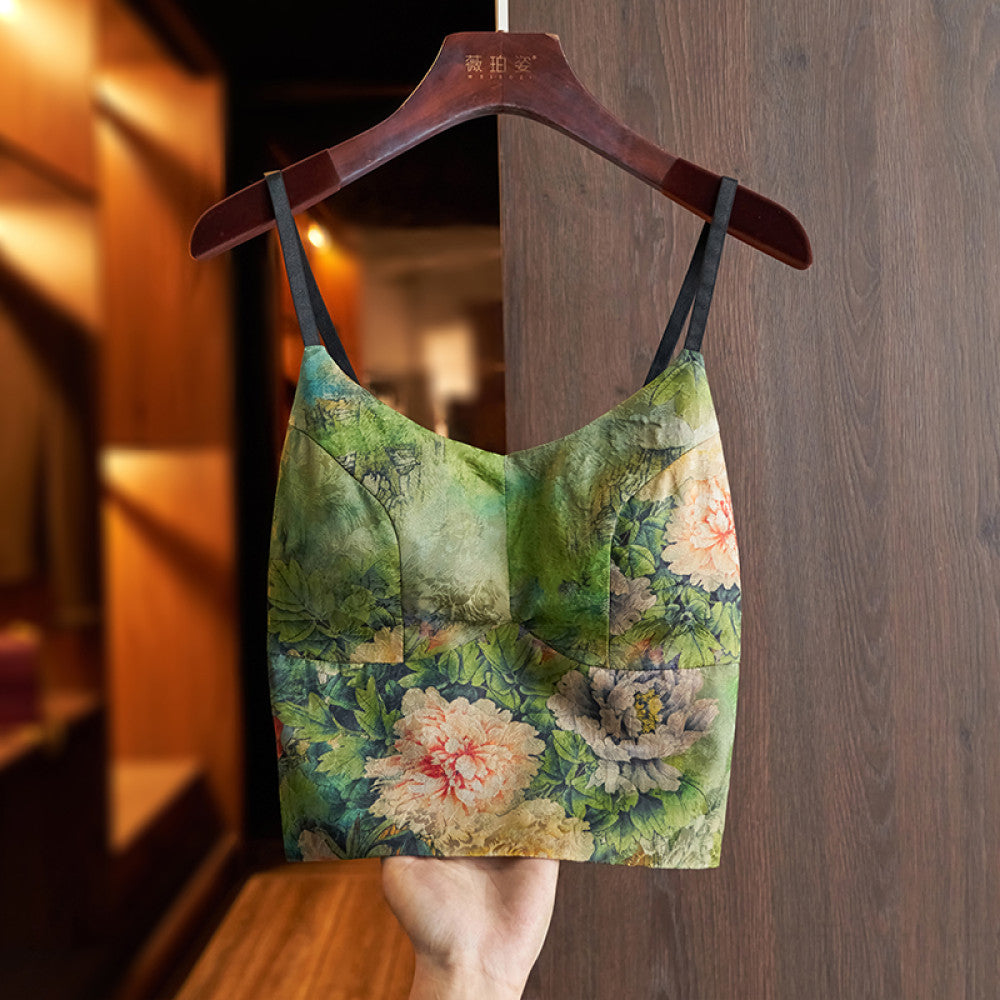 Green high end silk camisole vest 2024 new women s belt chest cushion with retro jacquard chic short top image 9