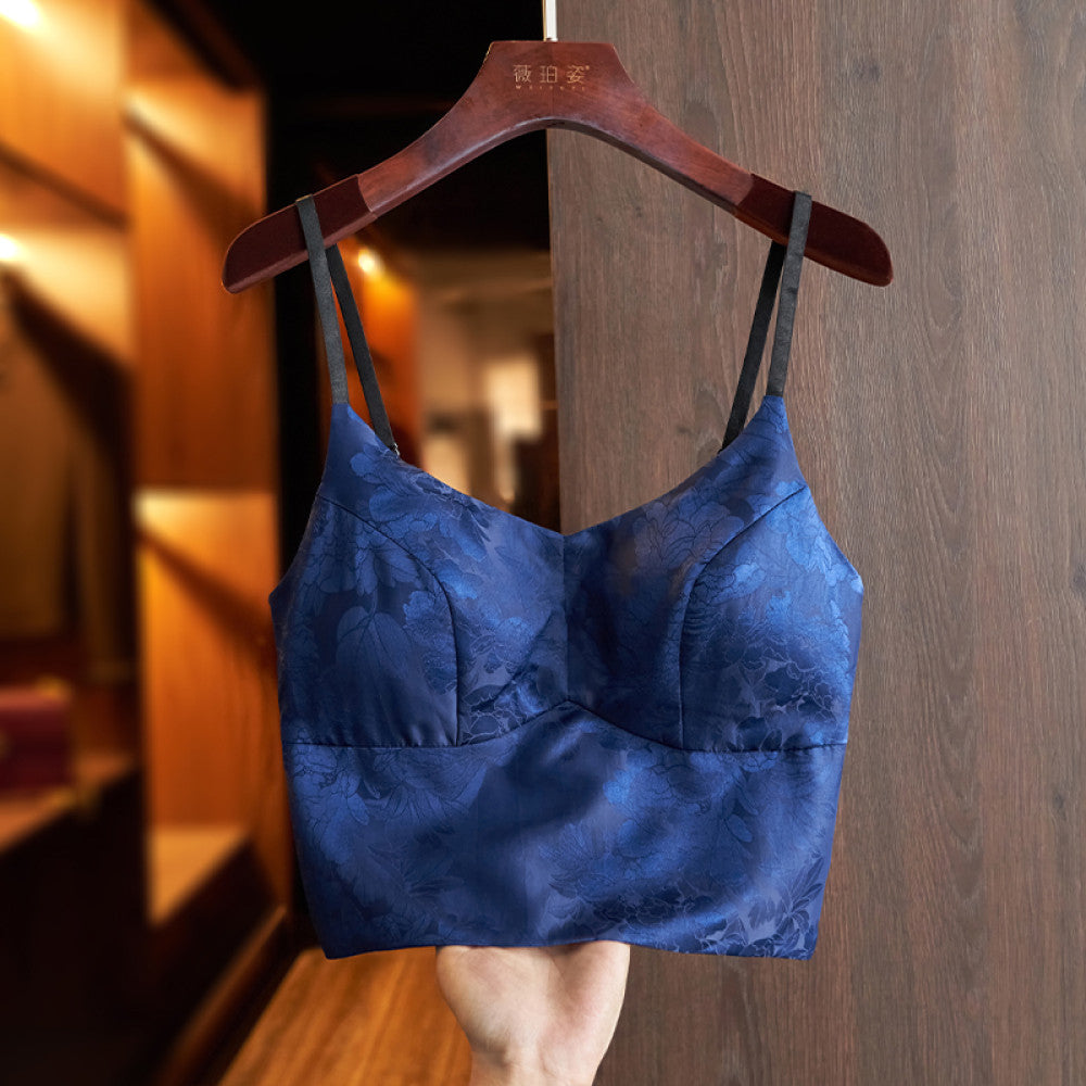 Green high end silk camisole vest 2024 new women s belt chest cushion with retro jacquard chic short top image 17