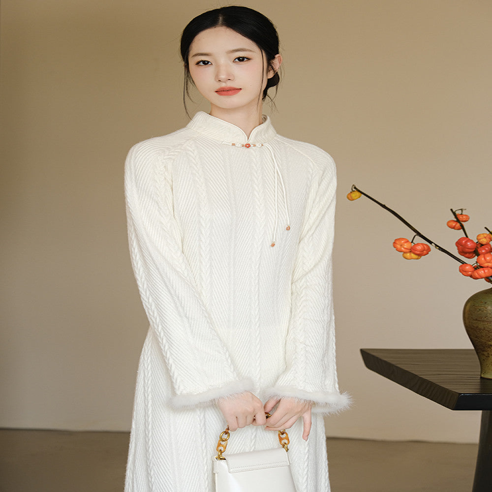 Mountain Colored New Chinese Knitted Dress Winter New Style Rice White Elegant Temperament Improved Cheongsam Young Style image 1