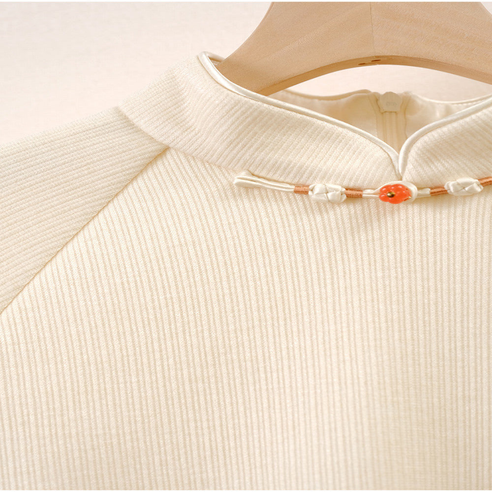 Mountain Colored New Chinese Knitted Dress Winter New Style Rice White Elegant Temperament Improved Cheongsam Young Style image 6