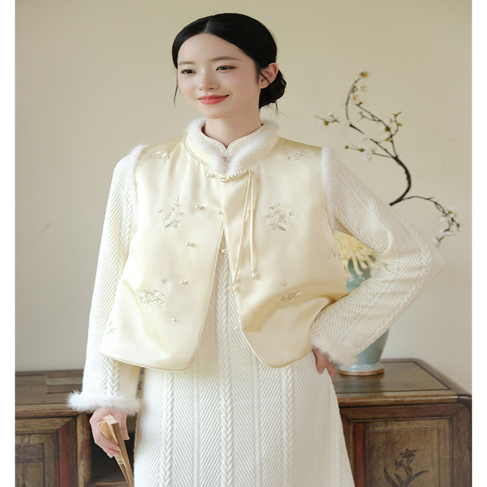 Mountain Colored New Chinese Knitted Dress Winter New Style Rice White Elegant Temperament Improved Cheongsam Young Style image 26