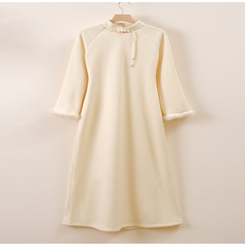 Mountain Colored New Chinese Knitted Dress Winter New Style Rice White Elegant Temperament Improved Cheongsam Young Style image 36