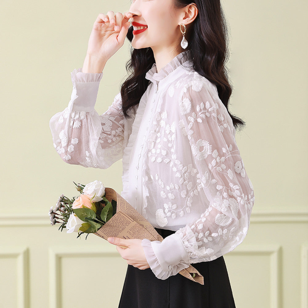 Big brand silk tops 2025 autumn and winter new women s white lace collar long sleeves heavy embroidery mulberry silk blouse image 24