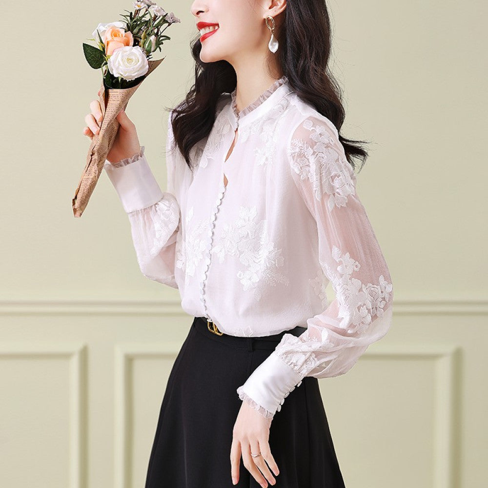Big brand silk tops 2025 autumn and winter new women s white lace collar long sleeves heavy embroidery mulberry silk blouse image 41