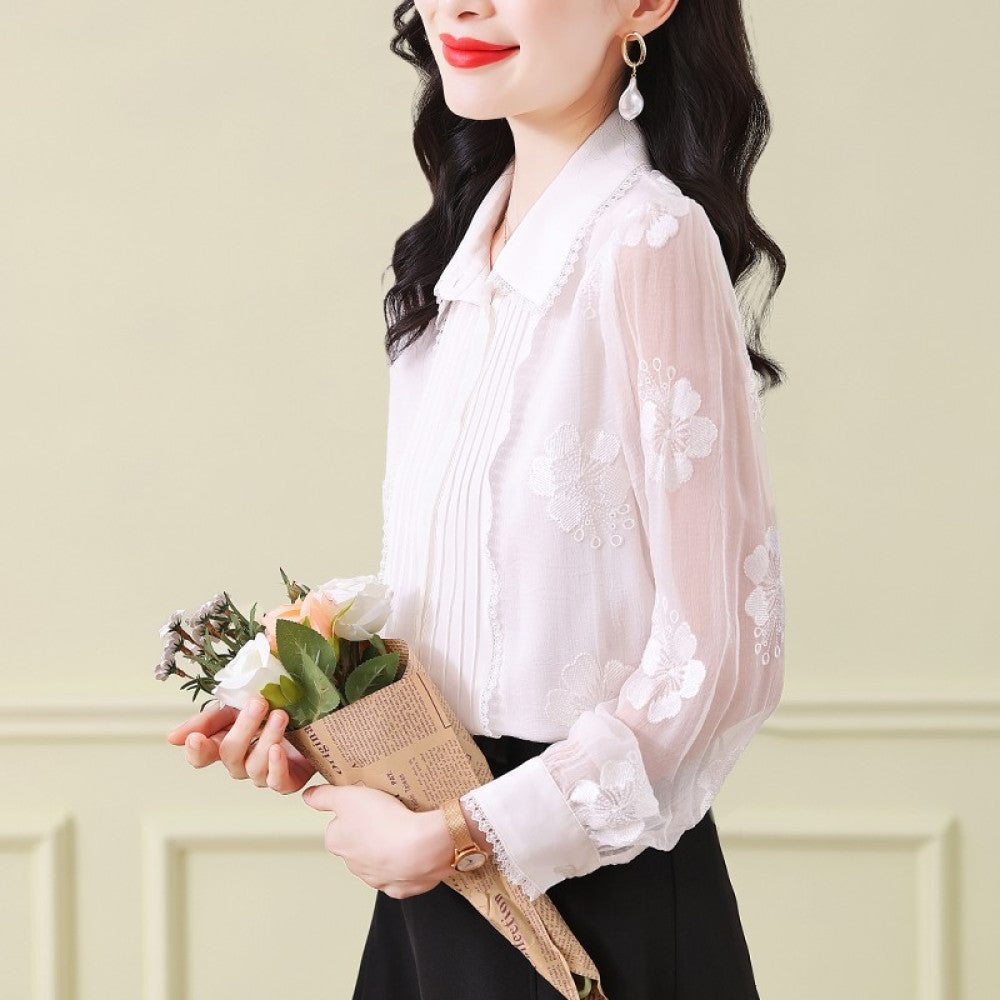 Big brand silk tops 2025 autumn and winter new women s white lace collar long sleeves heavy embroidery mulberry silk blouse image 48