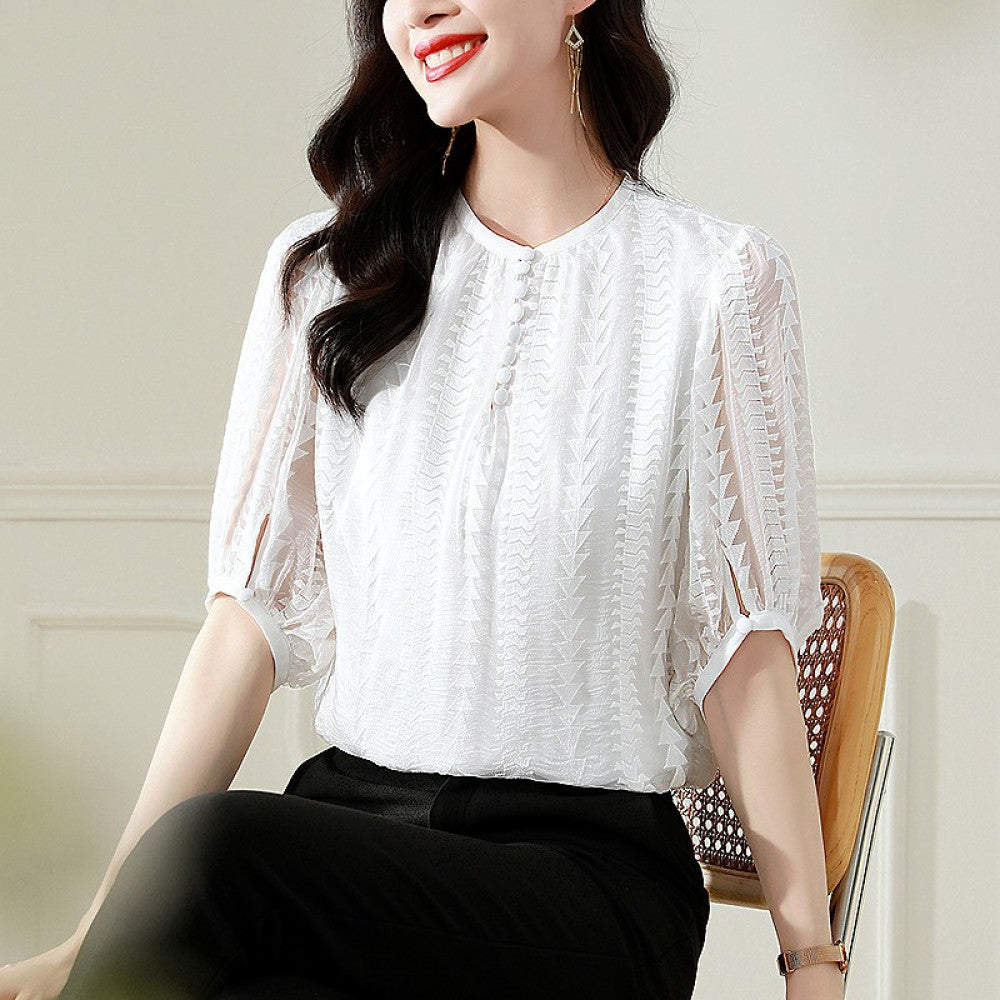 Big brand silk tops 2025 autumn and winter new women s white lace collar long sleeves heavy embroidery mulberry silk blouse image 54