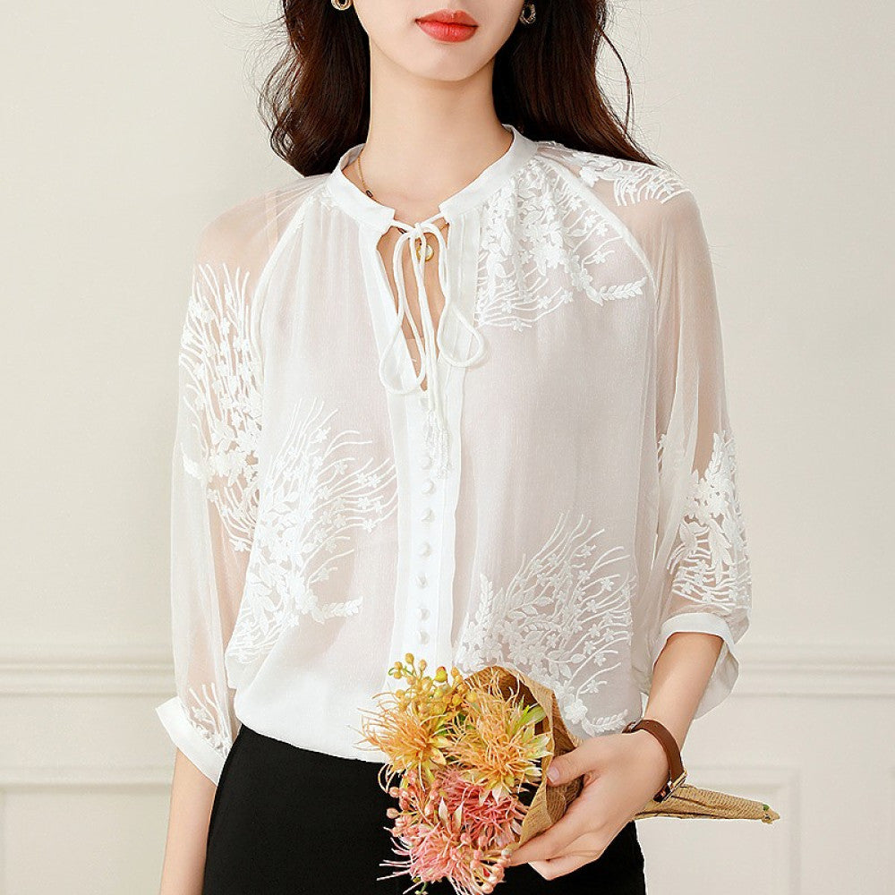Big brand silk tops 2025 autumn and winter new women s white lace collar long sleeves heavy embroidery mulberry silk blouse image 66