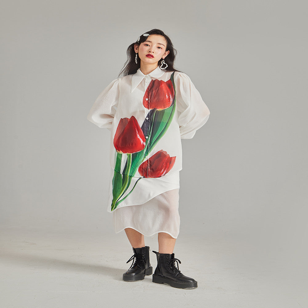 Original design with ear artistic sense simulated oil painting tulip satin early autumn organza irregular skirt image 2