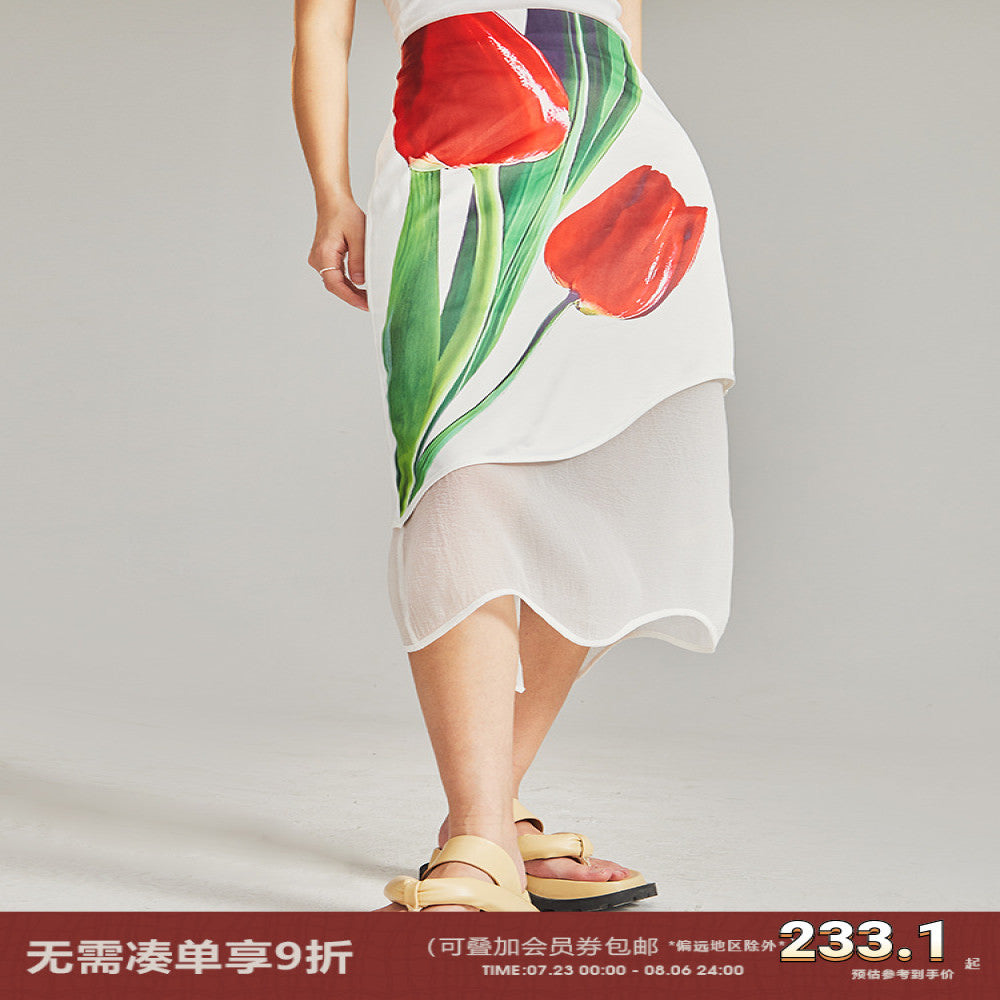 Original design with ear artistic sense simulated oil painting tulip satin early autumn organza irregular skirt image 0