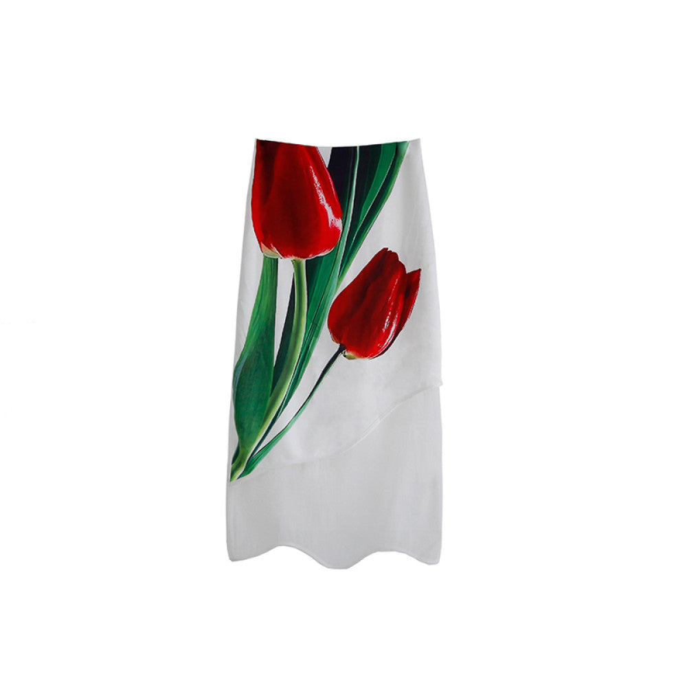 Original design with ear artistic sense simulated oil painting tulip satin early autumn organza irregular skirt image 9