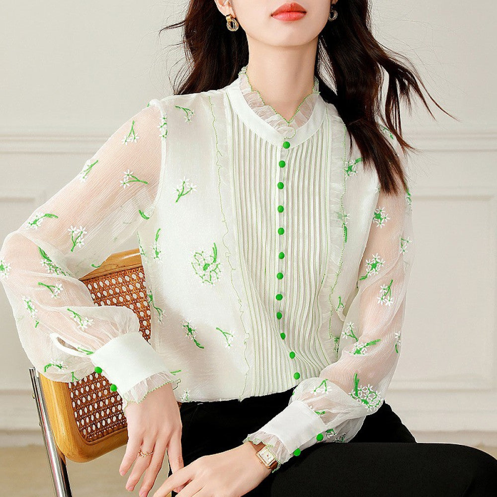 Big brand silk tops 2025 autumn and winter new women s white lace collar long sleeves heavy embroidery mulberry silk blouse image 97