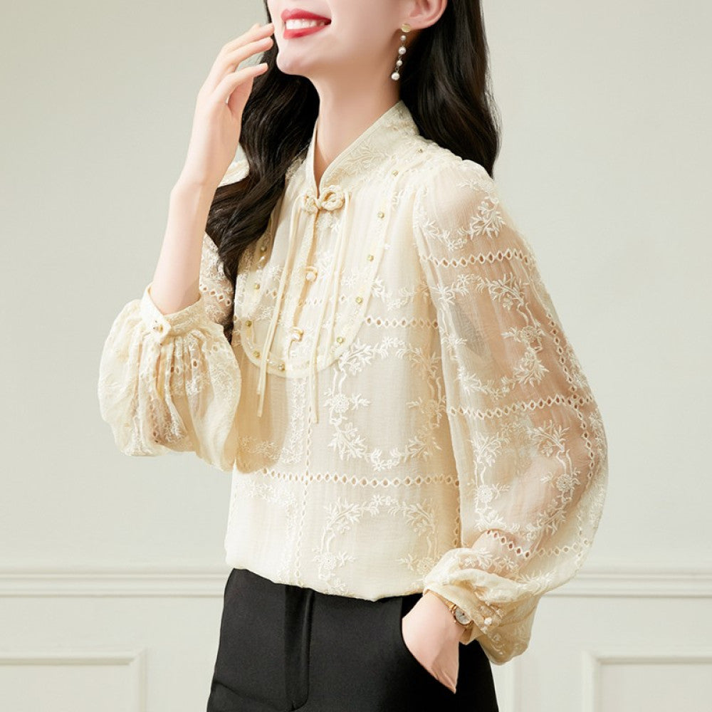 Big brand silk tops 2025 autumn and winter new women s white lace collar long sleeves heavy embroidery mulberry silk blouse image 4