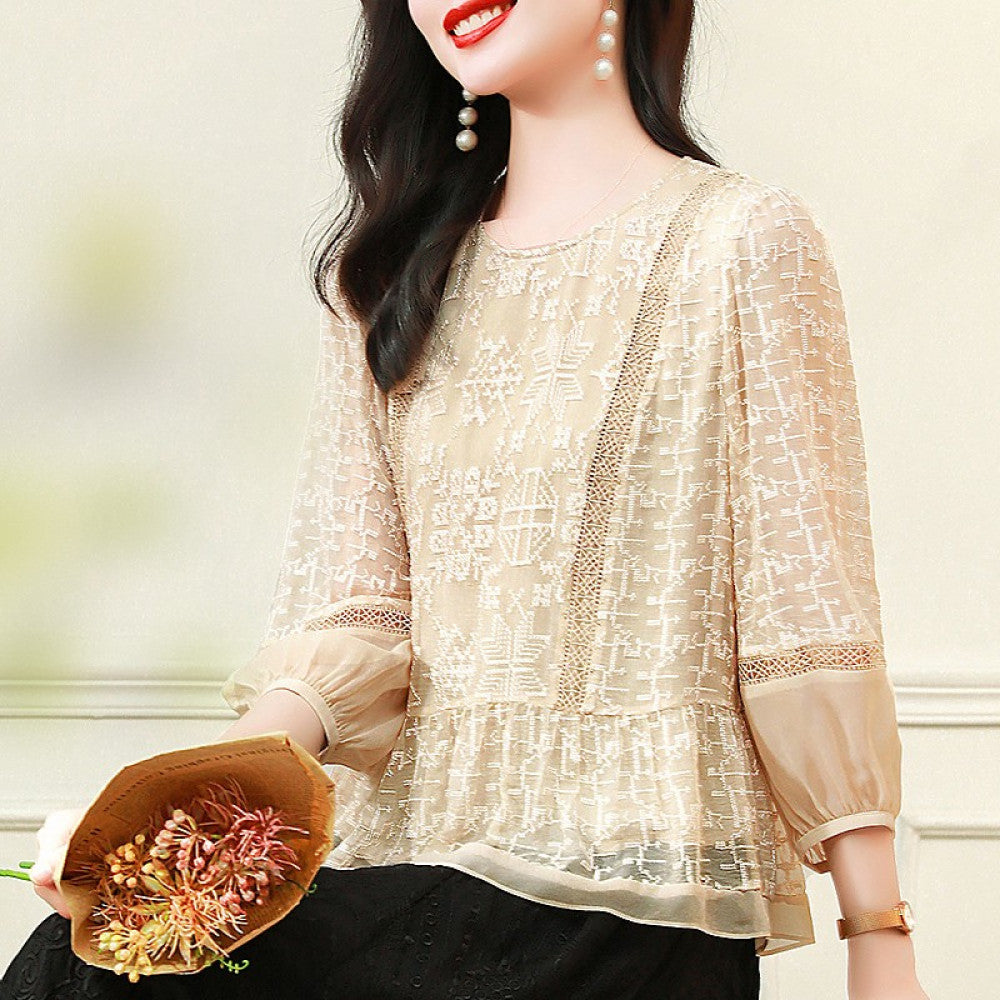 Big brand silk tops 2025 autumn and winter new women s white lace collar long sleeves heavy embroidery mulberry silk blouse image 10