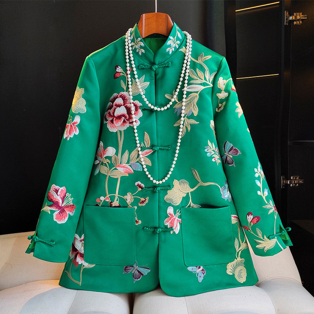 Red high end new Chinese style buckle acetate jacket women s long sleeved spring and autumn clothing with heavy embroidery and improved Chinese style top image 9