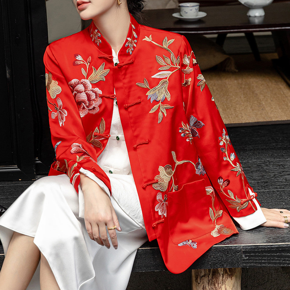 Red high end new Chinese style buckle acetate jacket women s long sleeved spring and autumn clothing with heavy embroidery and improved Chinese style top image 21
