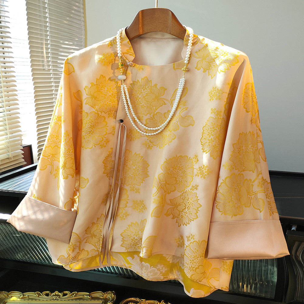 Yellow modified new Chinese style mulberry silk shirt with women s design sense Ni Ni s same retro button long sleeved silk top image 0