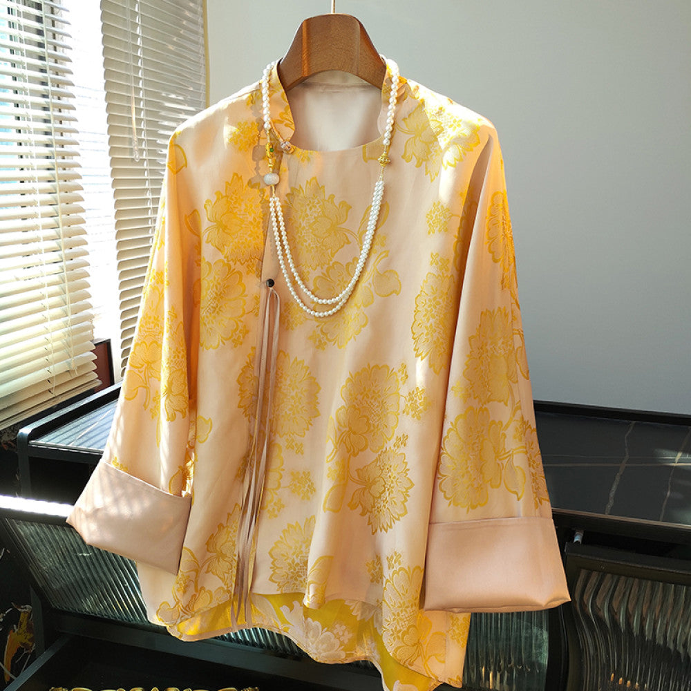 Yellow modified new Chinese style mulberry silk shirt with women s design sense Ni Ni s same retro button long sleeved silk top image 9