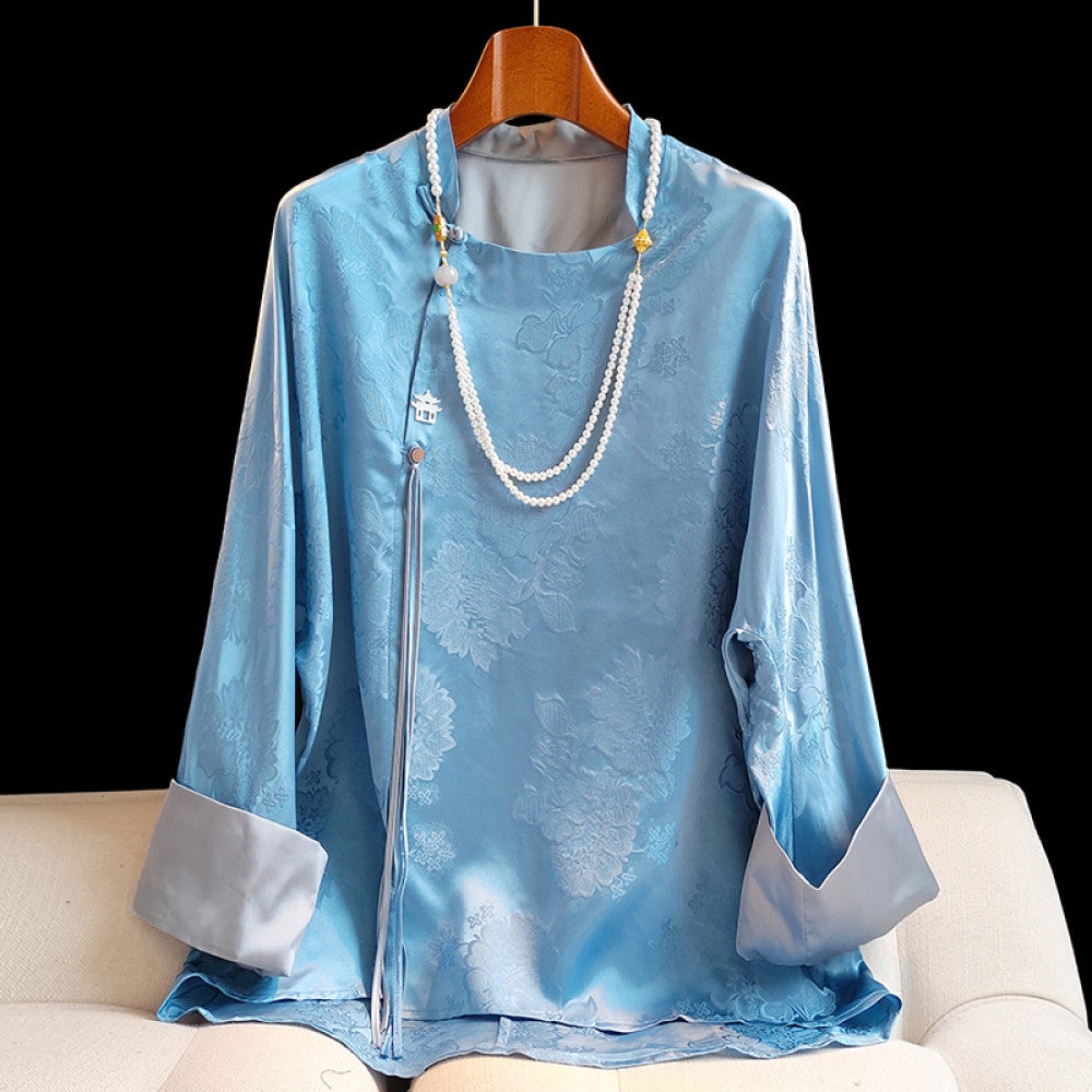 Yellow modified new Chinese style mulberry silk shirt with women s design sense Ni Ni s same retro button long sleeved silk top image 17