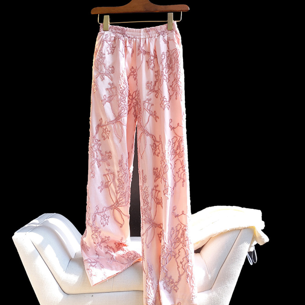 Pink high end retro embroidered loose wide leg pants for women in autumn and winter versatile elastic high waisted straight leg casual pants trendy image 9