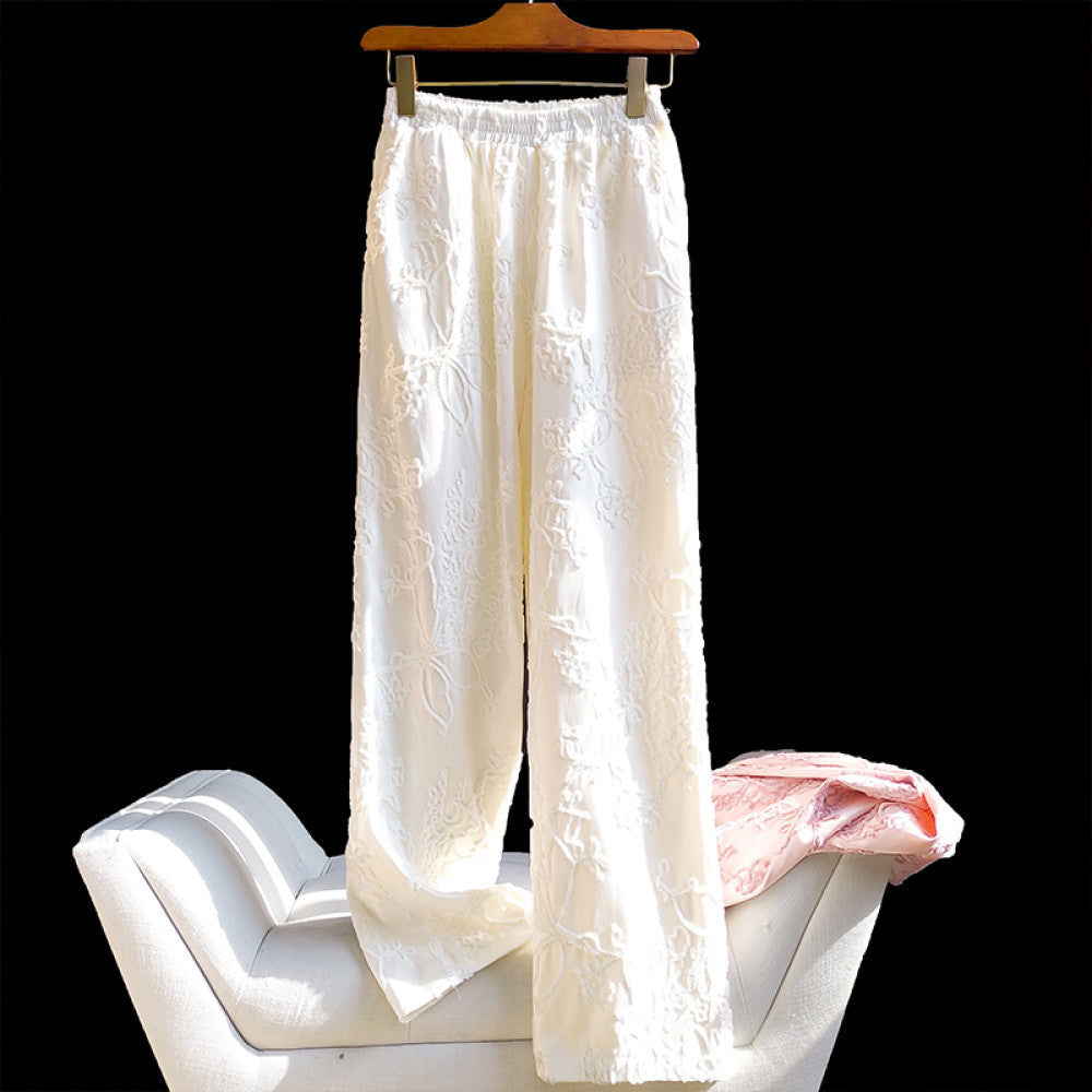 ASAYA2643 Pink high-end retro embroidered loose wide-leg pants