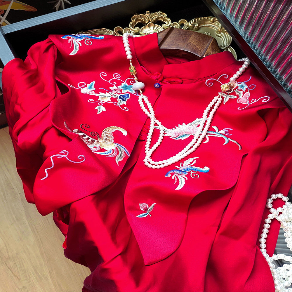 Red New Chinese Style Versatile Cloud Shoulder Decoration Fake Neck Women s Design Sense Retro Embroidered Acetate Satin Xialuo Shawl image 1