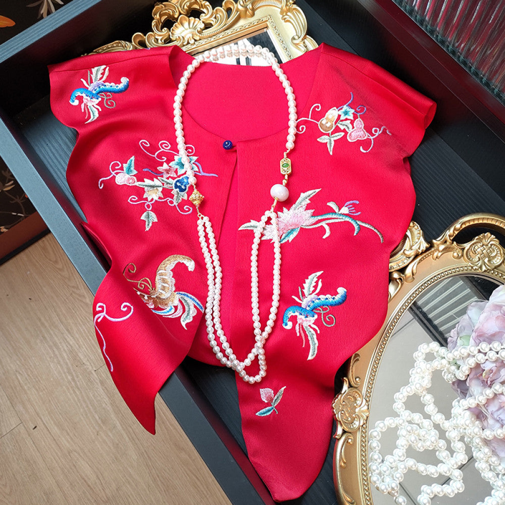 Red New Chinese Style Versatile Cloud Shoulder Decoration Fake Neck Women s Design Sense Retro Embroidered Acetate Satin Xialuo Shawl image 6