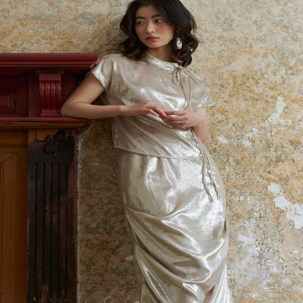 YUANYE Yuan Ye Fine Sparkling Champagne Shining Silk Original Innovative Chinese Stand up Collar Short Sleeve Folded Half Skirt Set Light Dress image 5
