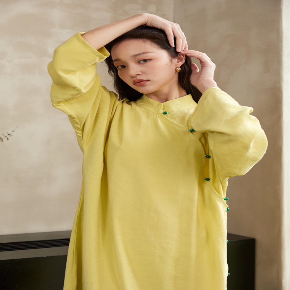 TAORAN Women s New Chinese Style Dress Spring New Solid Color Dress Young Cheongsam Stand up Collar Long Dress image 2