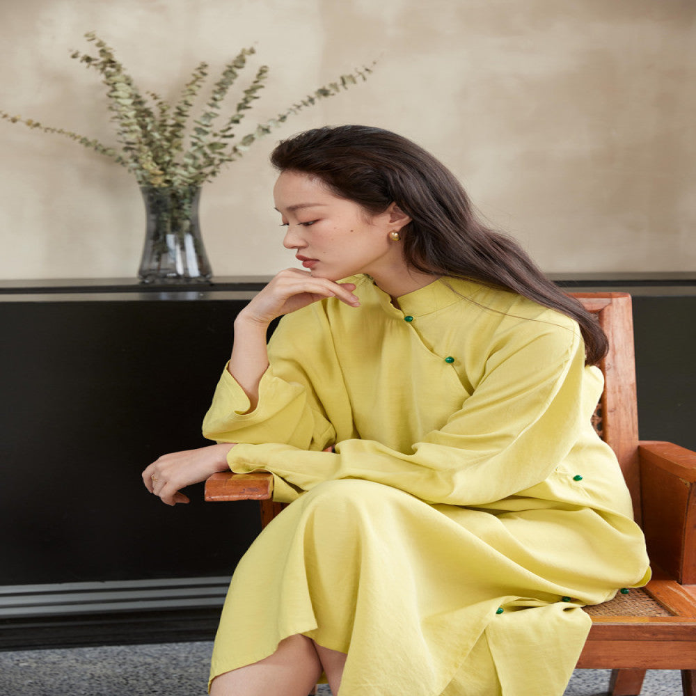 TAORAN Women s New Chinese Style Dress Spring New Solid Color Dress Young Cheongsam Stand up Collar Long Dress image 3