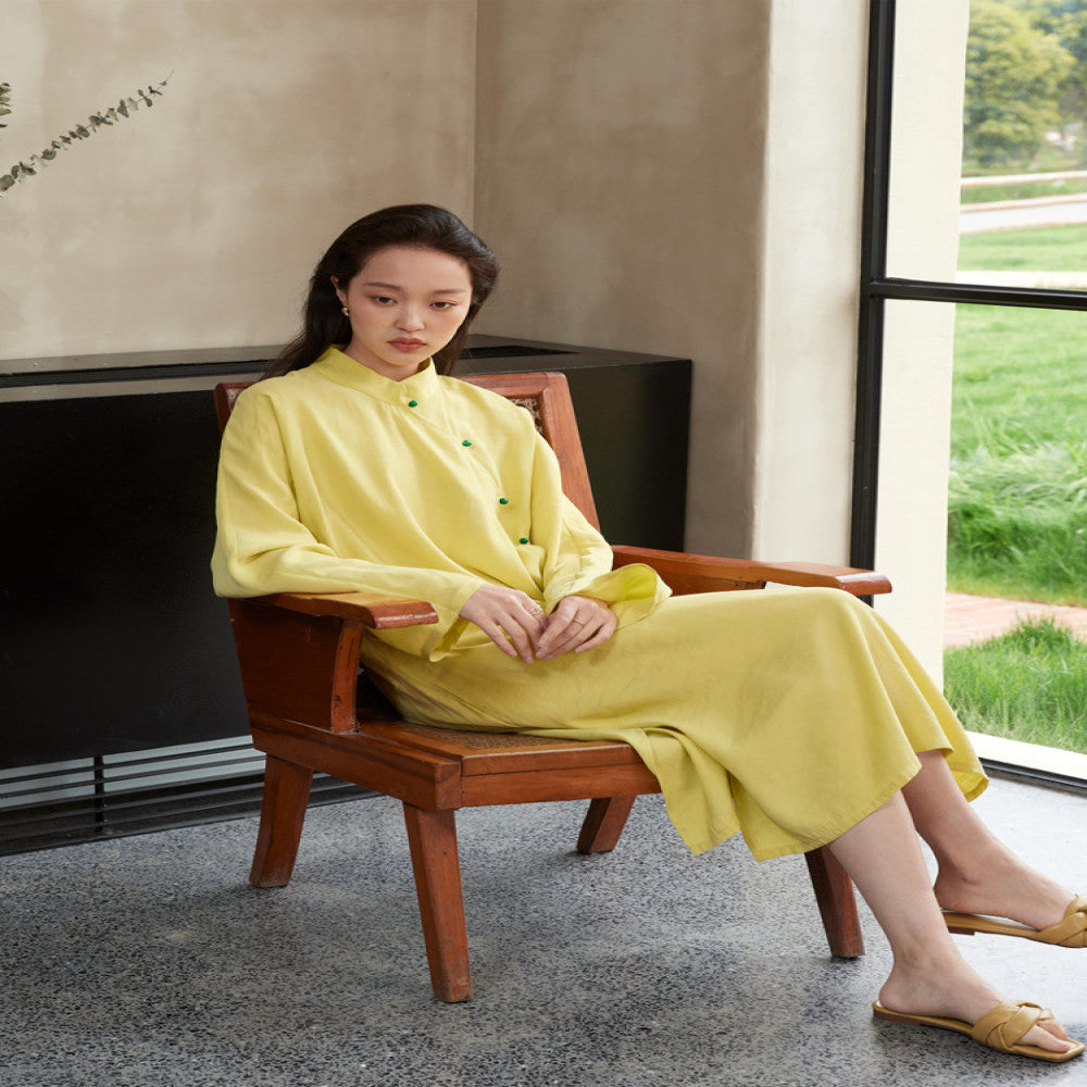 TAORAN Women s New Chinese Style Dress Spring New Solid Color Dress Young Cheongsam Stand up Collar Long Dress image 4