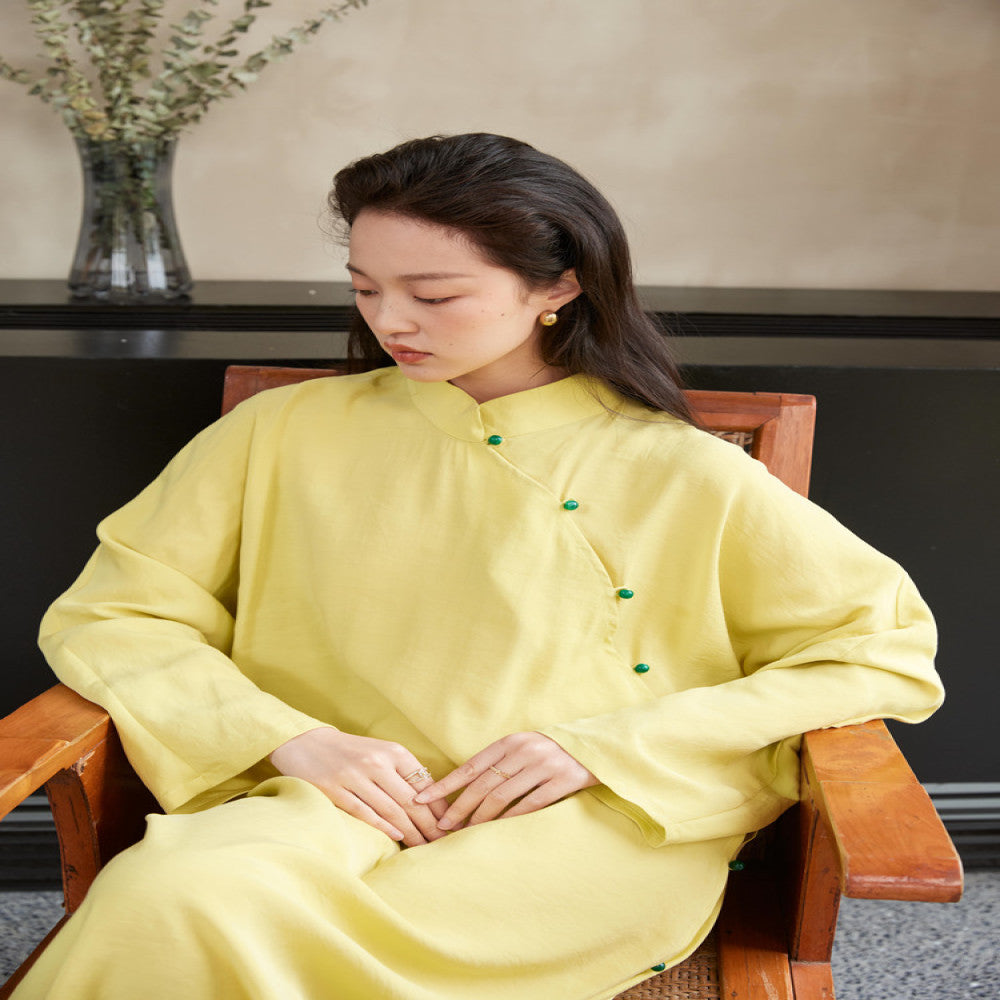 TAORAN Women s New Chinese Style Dress Spring New Solid Color Dress Young Cheongsam Stand up Collar Long Dress image 0