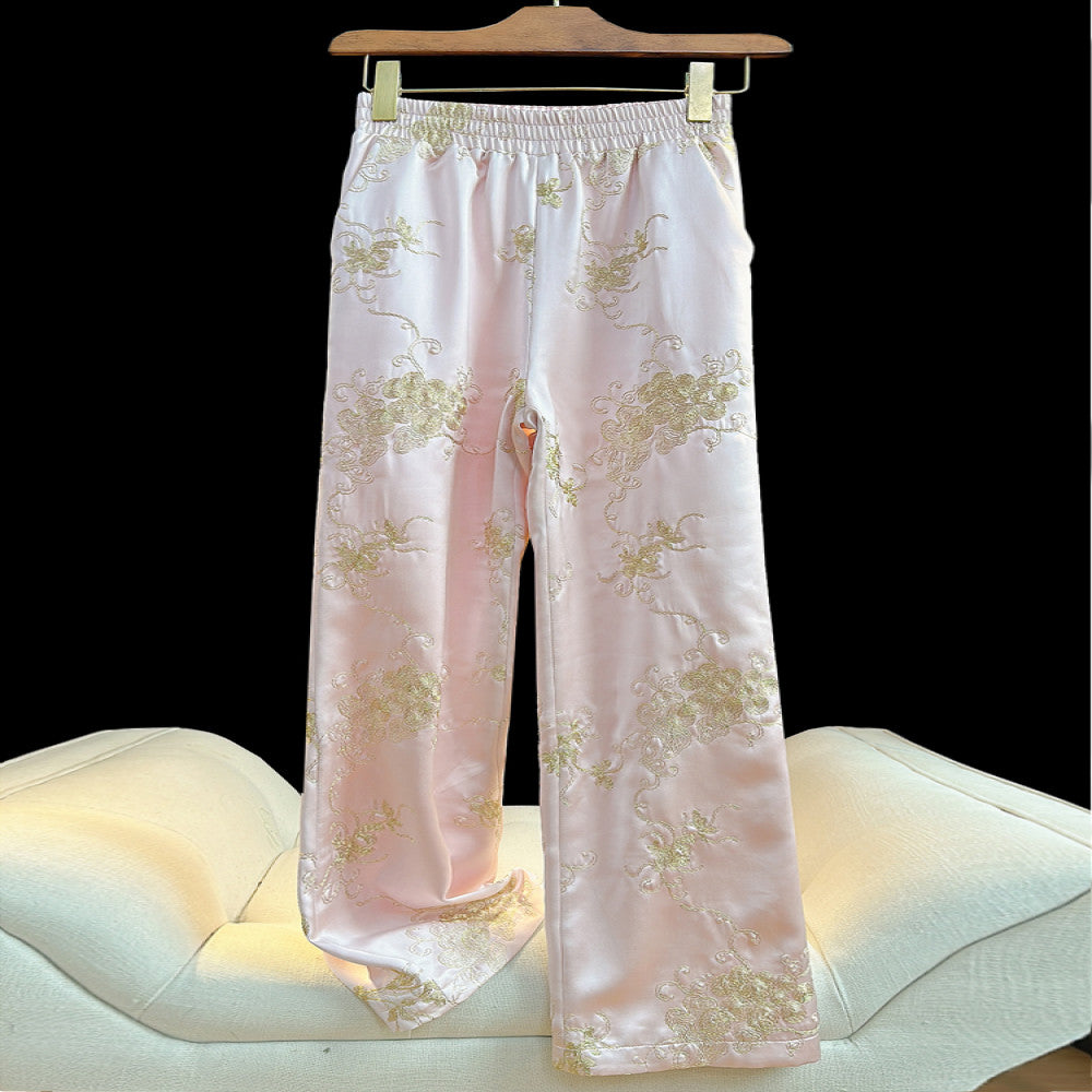 Retro Chinese style thick cotton pants for women in winter heavy industry gold thread embroidery high waisted cotton straight leg pants with wide legs image 1