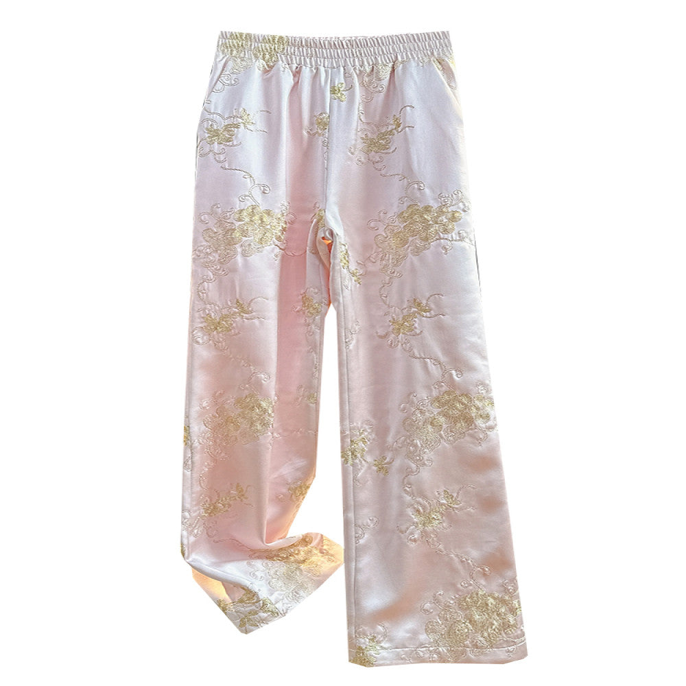 Retro Chinese style thick cotton pants for women in winter heavy industry gold thread embroidery high waisted cotton straight leg pants with wide legs image 5