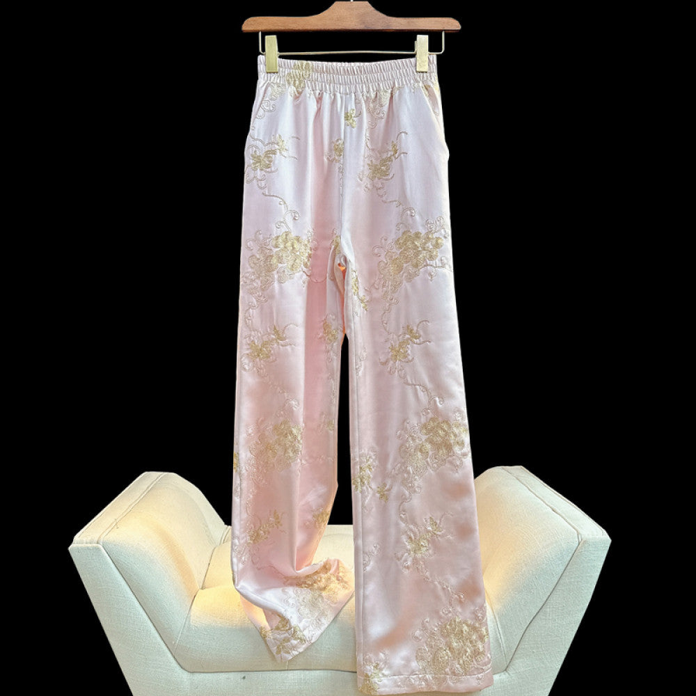 Retro Chinese style thick cotton pants for women in winter heavy industry gold thread embroidery high waisted cotton straight leg pants with wide legs image 7