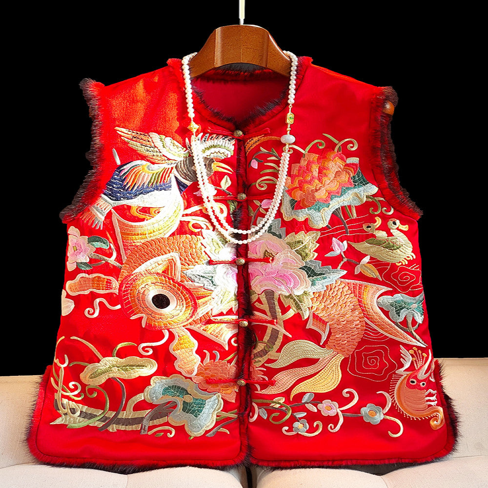 Red new Chinese style vinegar cotton vest women s winter retro heavy embroidery mink fur thick coat cotton jacket image 22