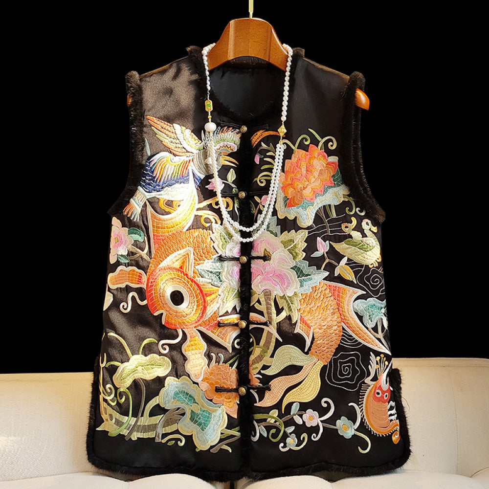 Red new Chinese style vinegar cotton vest women s winter retro heavy embroidery mink fur thick coat cotton jacket image 28