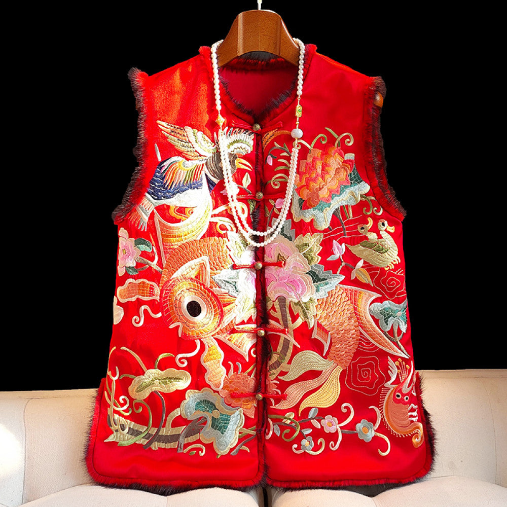 Red new Chinese style vinegar cotton vest women s winter retro heavy embroidery mink fur thick coat cotton jacket image 9