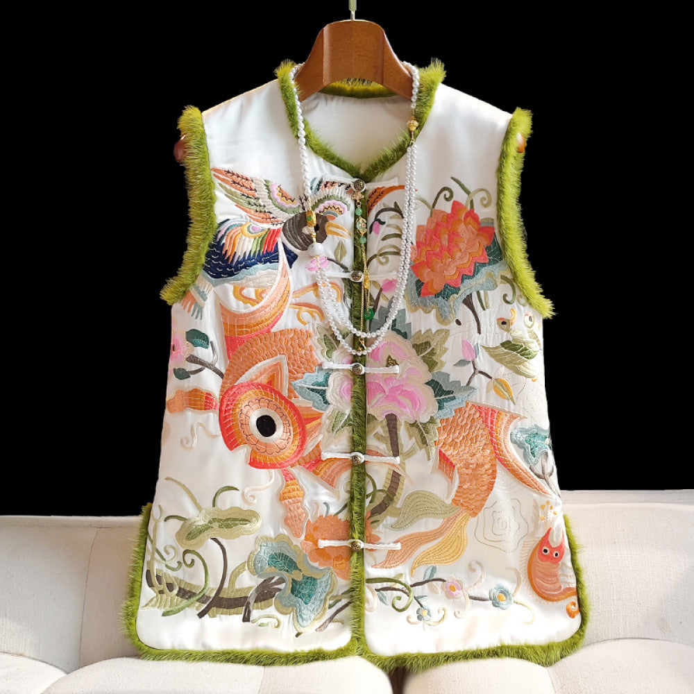 Red new Chinese style vinegar cotton vest women s winter retro heavy embroidery mink fur thick coat cotton jacket image 21
