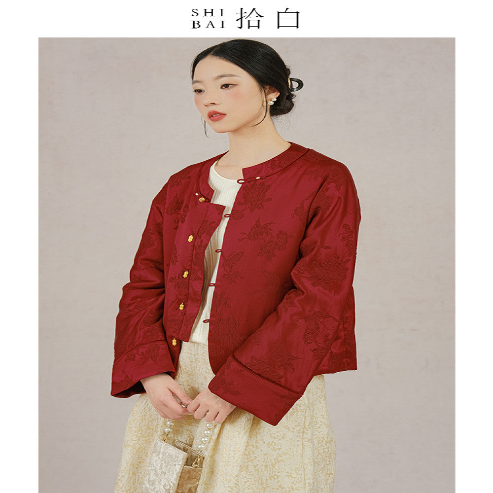 SHIBAI White Butterfly Love Flower New Chinese Coat Winter High end Mulberry Silk Silk Crown Wrinkle Red Cotton Jacket image 10