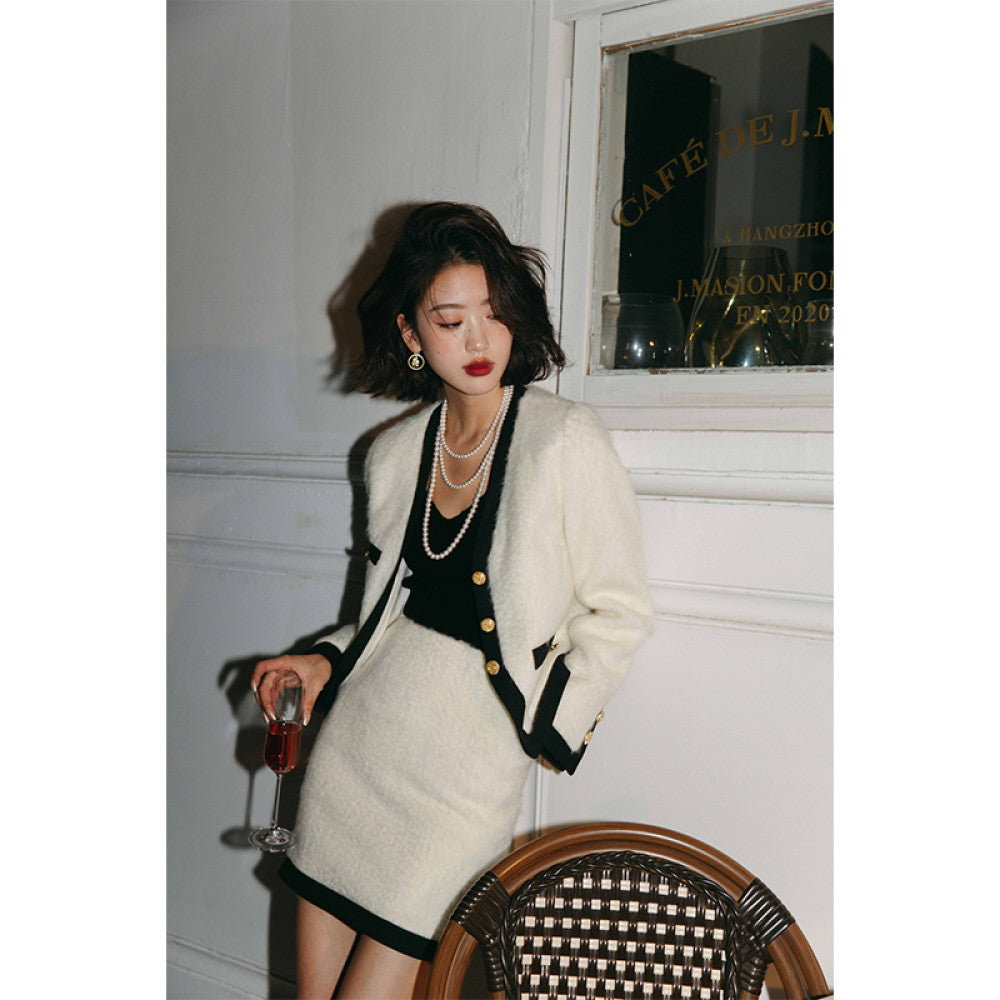 ROSEBANKS Tokyo 797 Water Wave Pattern Camel Velvet White Small Fragrant High Waist Small Coat Half Skirt Set image 8