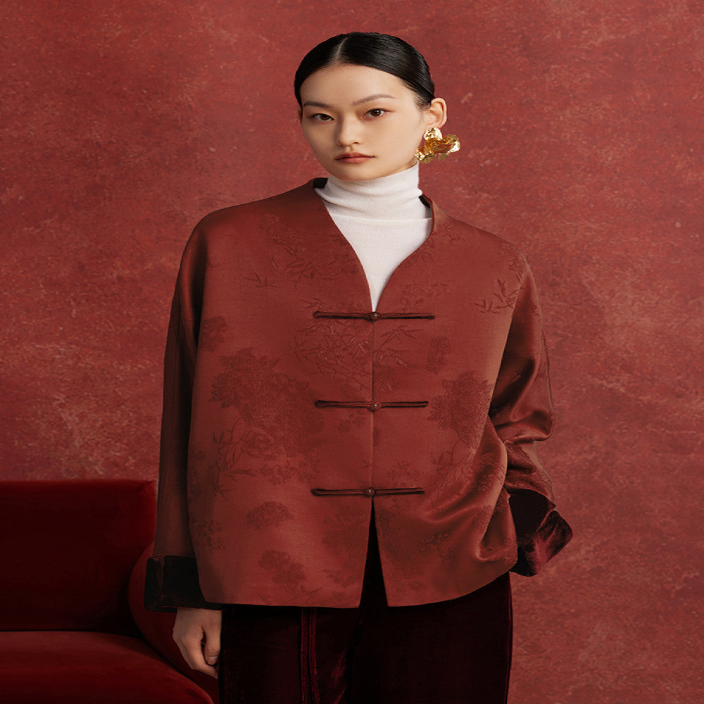 Ruyi Lianyun Spring and Autumn New Jacquard Buckle Short Coat for Women New Chinese Style Vintage Velvet Flip Cuff Top image 0